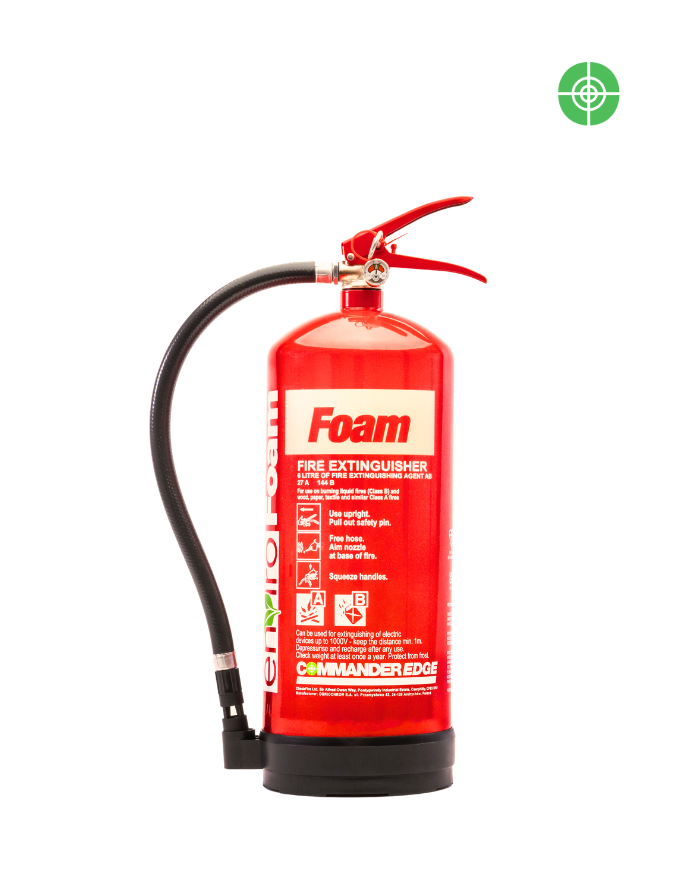 Red fire extinguisher with Foam written on a yellow background